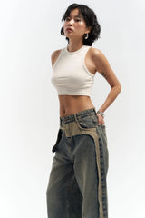 Jean patchwork à jambe large et effet usé