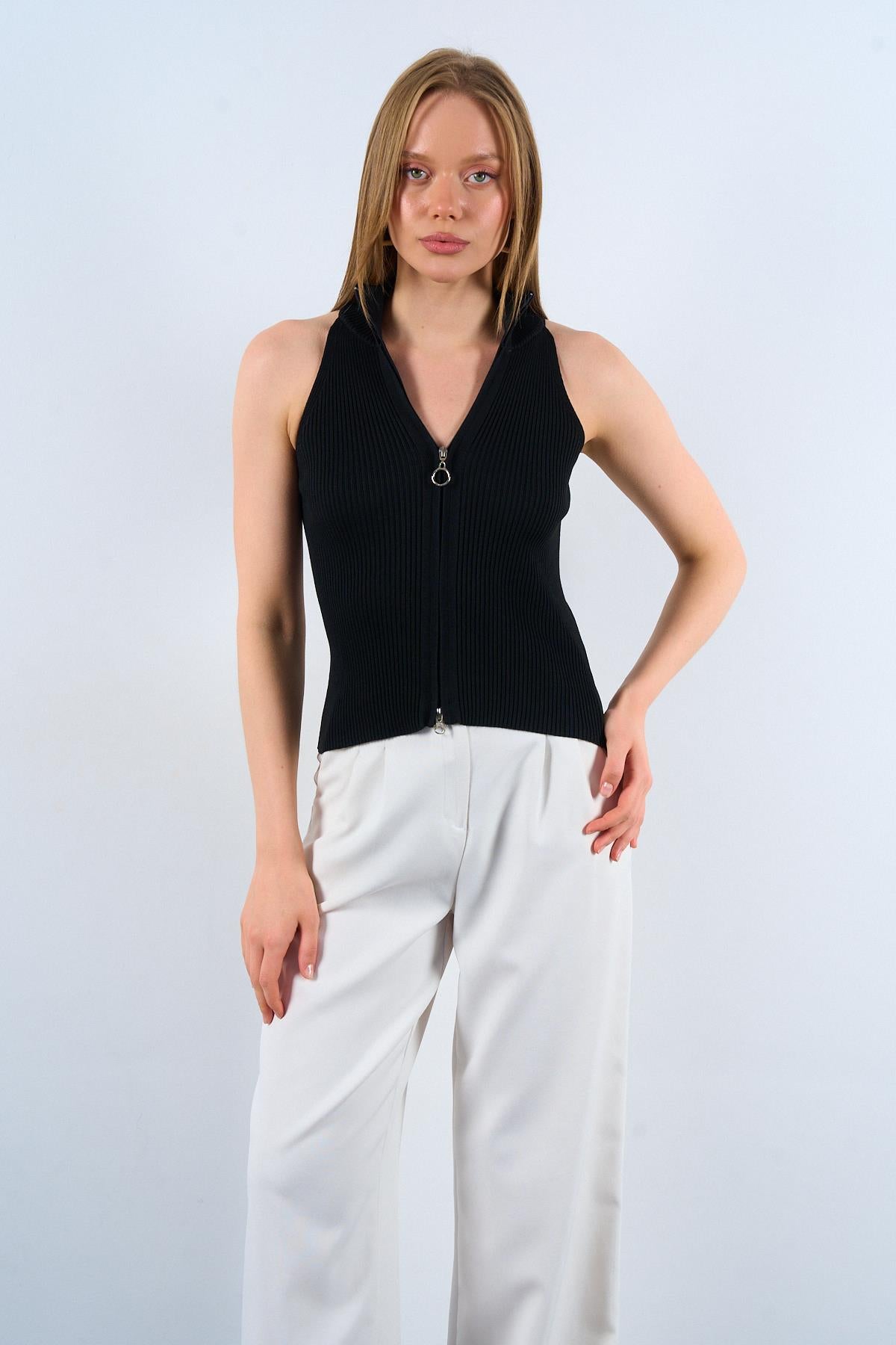 Haut dos nu côtelé avec fermeture éclair sur le devant