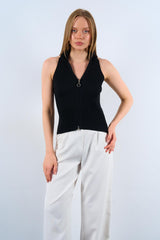 Haut dos nu côtelé avec fermeture éclair sur le devant