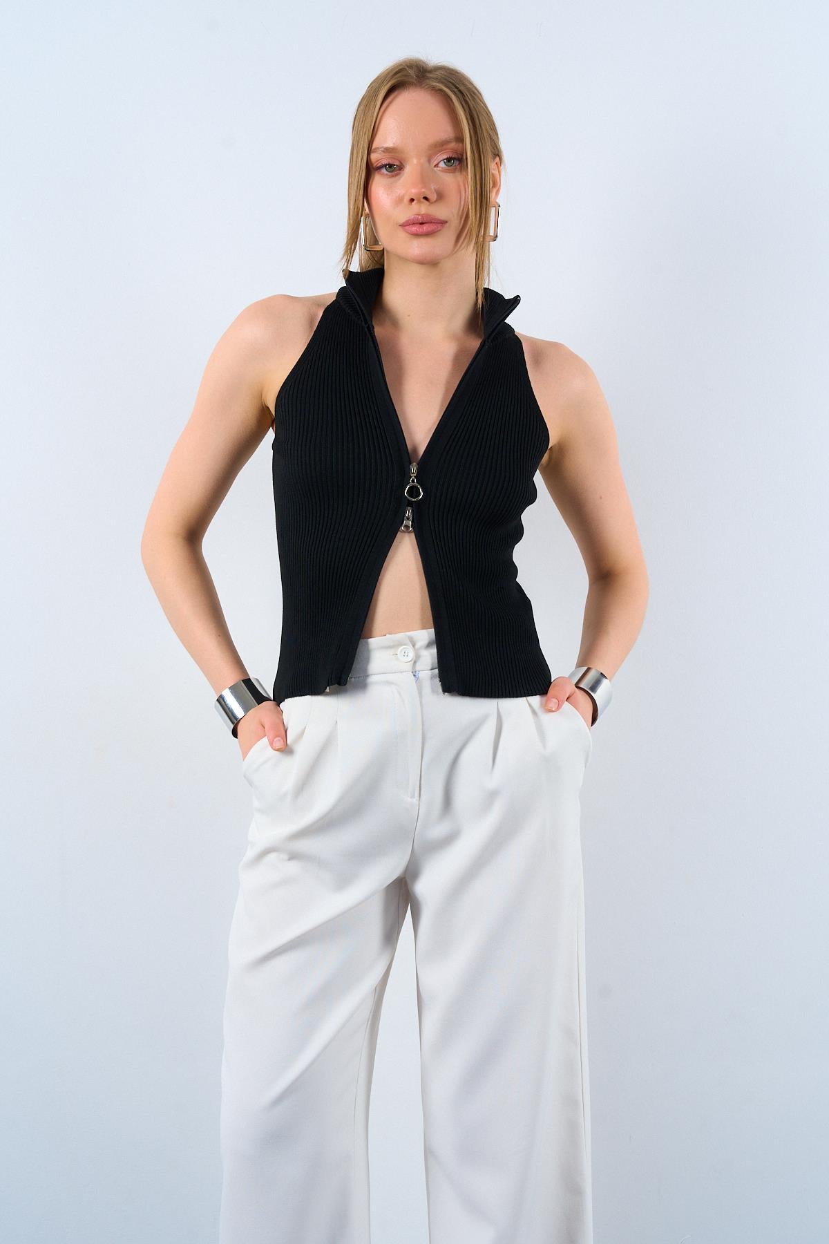 Haut dos nu côtelé avec fermeture éclair sur le devant