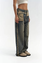 Jean patchwork à jambe large et effet usé