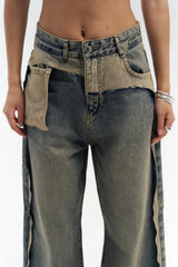 Jean patchwork à jambe large et effet usé